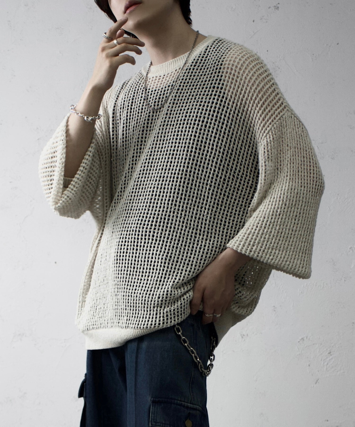 Aran】Loose voluminous sleeve mesh knit / ルーズ ボリューム 