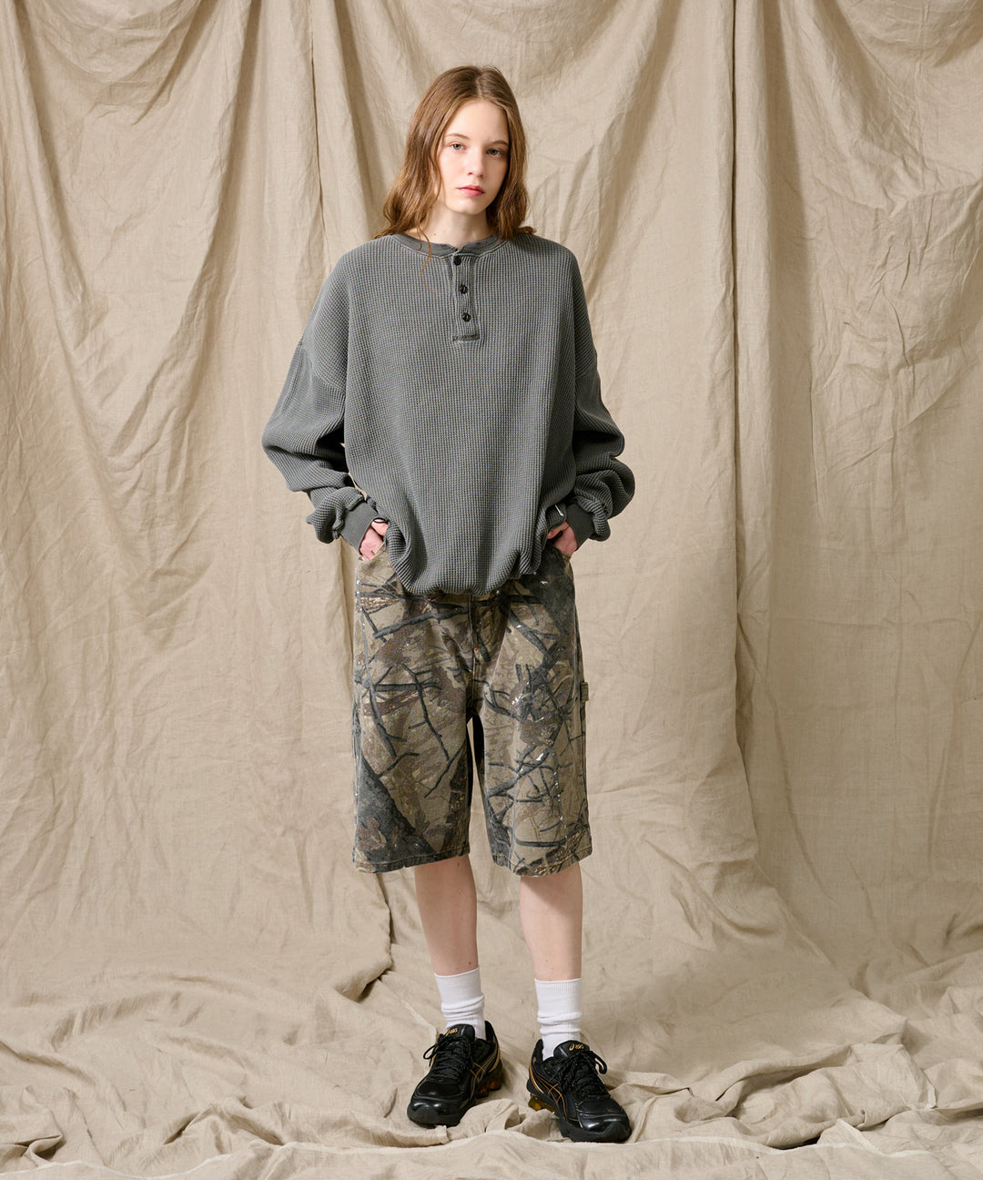 WETTEMPT｜ウィテンプト】HENRY NECK PIGMENT WAFFLE LONG TEE