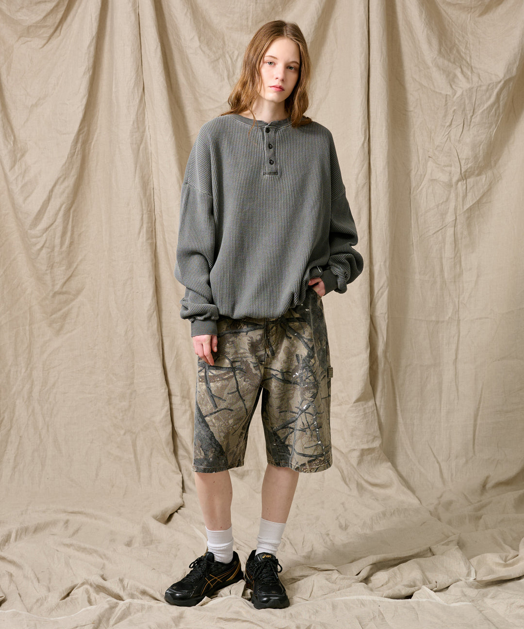 WETTEMPT｜ウィテンプト】HENRY NECK PIGMENT WAFFLE LONG TEE