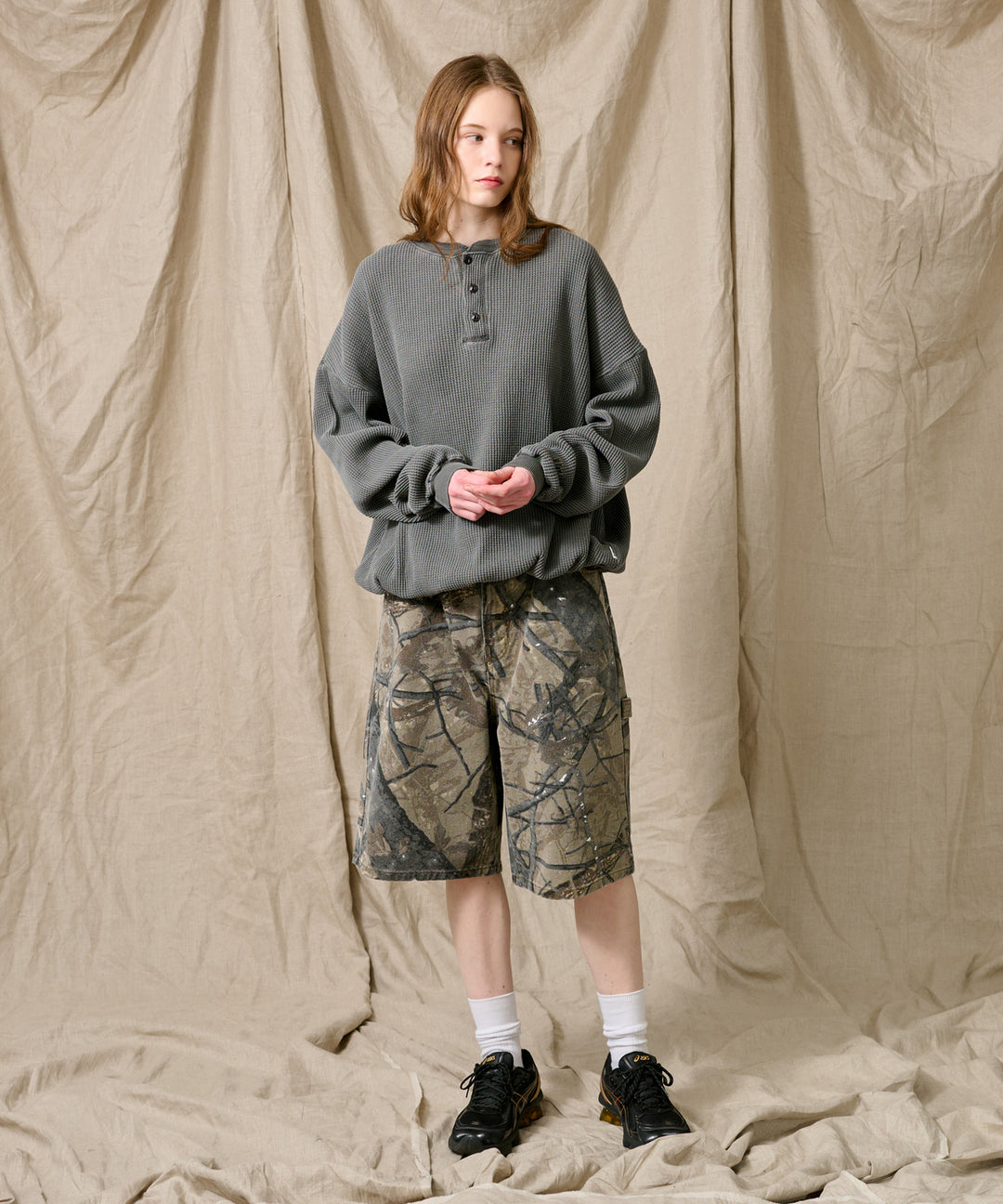 ワコマリア ピンナップガール　総柄 ヘンリーネック ワッフル サーマル WETTEMPT｜ウィテンプト】HENRY NECK PIGMENT WAFFLE LONG TEE