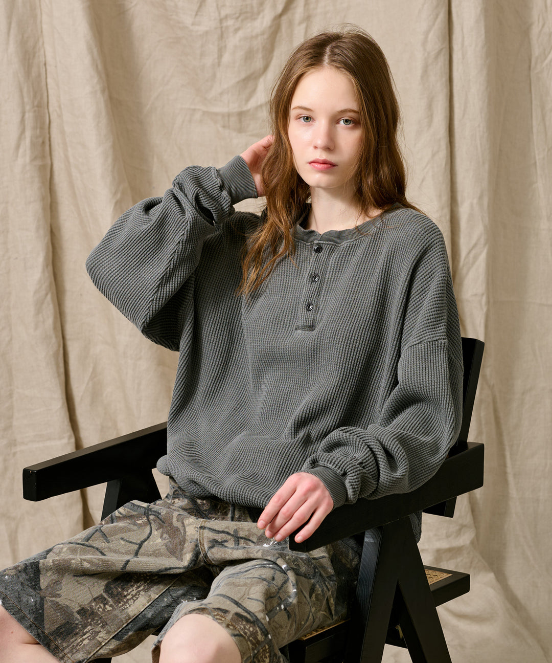 ワコマリア ピンナップガール　総柄 ヘンリーネック ワッフル サーマル WETTEMPT｜ウィテンプト】HENRY NECK PIGMENT WAFFLE LONG TEE