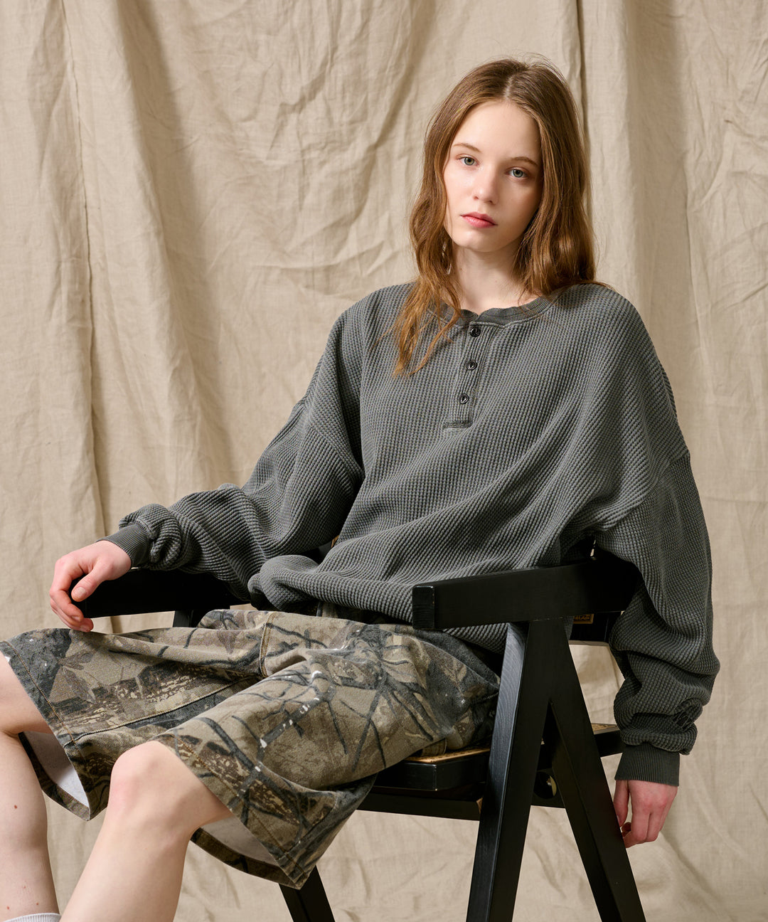 WETTEMPT｜ウィテンプト】HENRY NECK PIGMENT WAFFLE LONG TEE