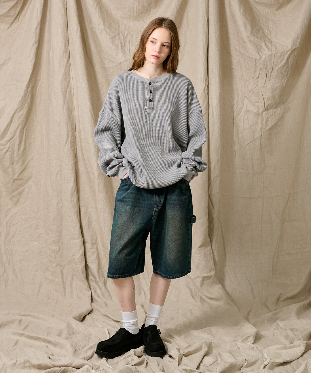 WETTEMPT｜ウィテンプト】HENRY NECK PIGMENT WAFFLE LONG TEE