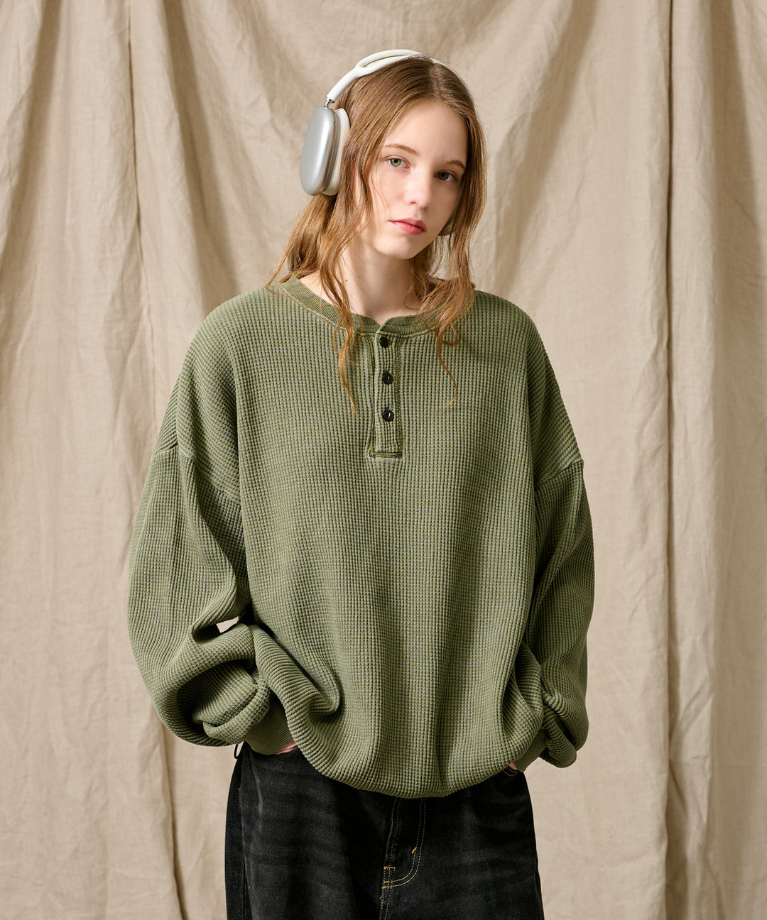 WETTEMPT｜ウィテンプト】HENRY NECK PIGMENT WAFFLE LONG TEE