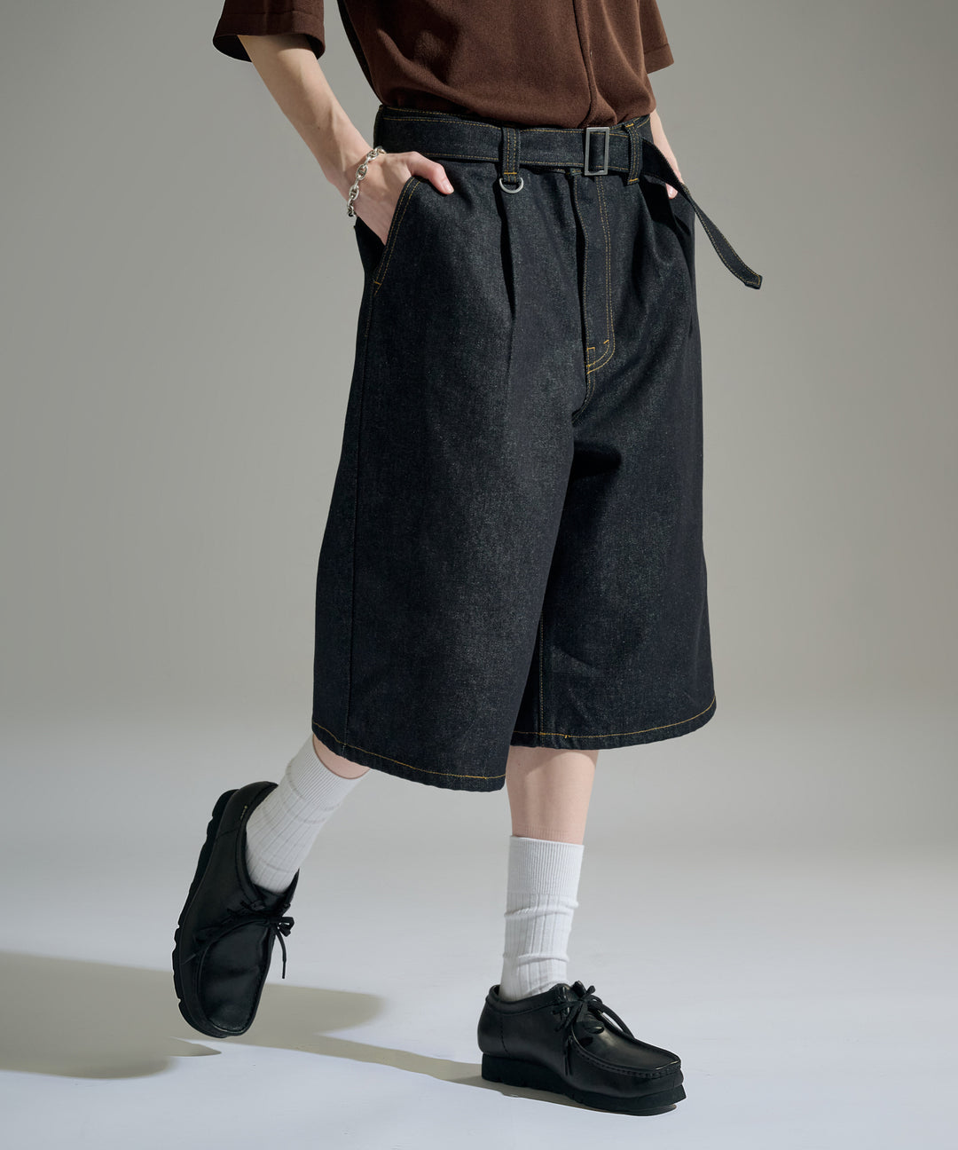 WETTEMPT｜ウィテンプト】 BELTED WIDE DENIM HALF PANTS / ベルテッド