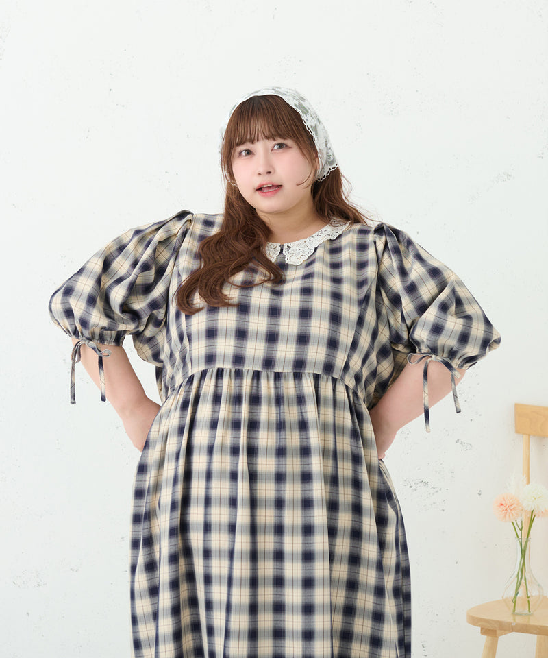 LACE COLLAR PLAID DRESS/レースカラーチェックワンピース