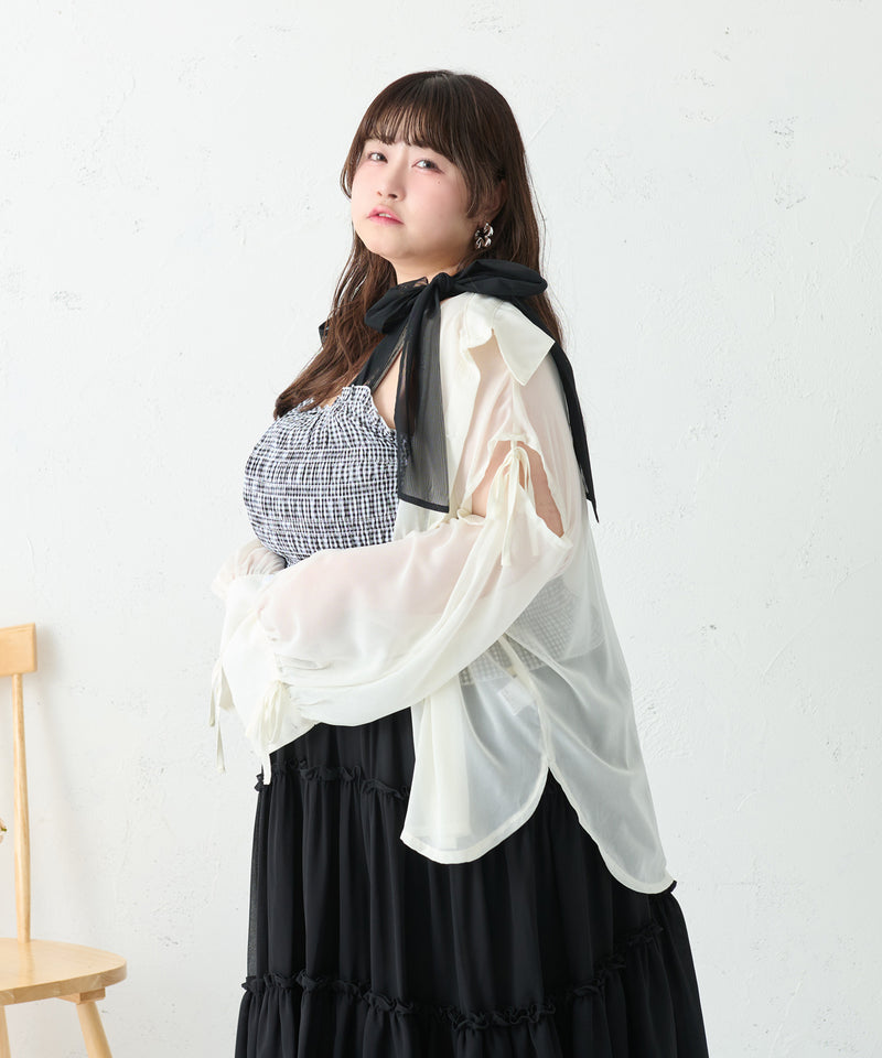 RIBBON SLEEVE SHEER OVER SHIRT/リボンスリーブシアーオーバーシャツ