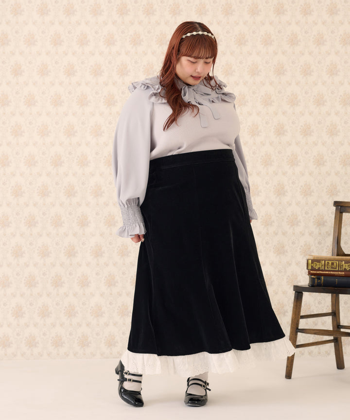 ぽっちゃりさん向けファッション|Louiosy|ルオシー|SET UP Velor Lace SKIRT/セットアップベロアレーススカー Black / 3L