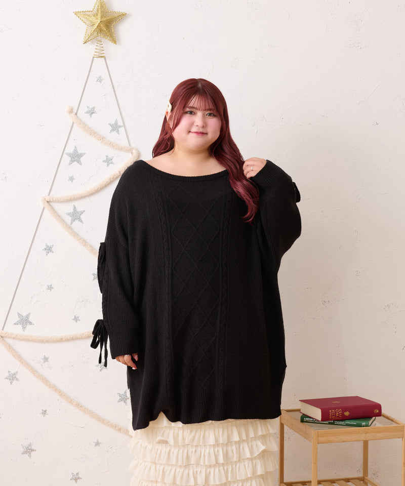 RIBBON CABLE KNIT TUNIC ONEPIECE / リボン付きケーブルニットチュニックワンピ