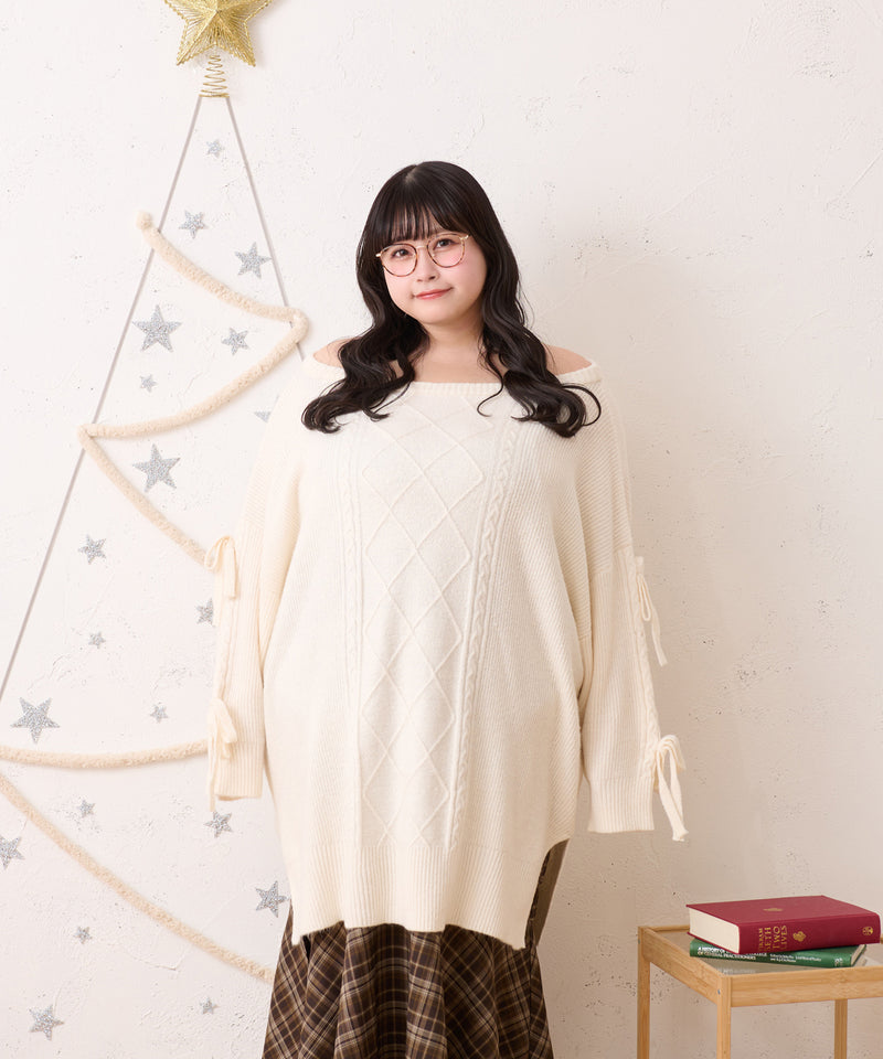 RIBBON CABLE KNIT TUNIC ONEPIECE / リボン付きケーブルニットチュニックワンピ