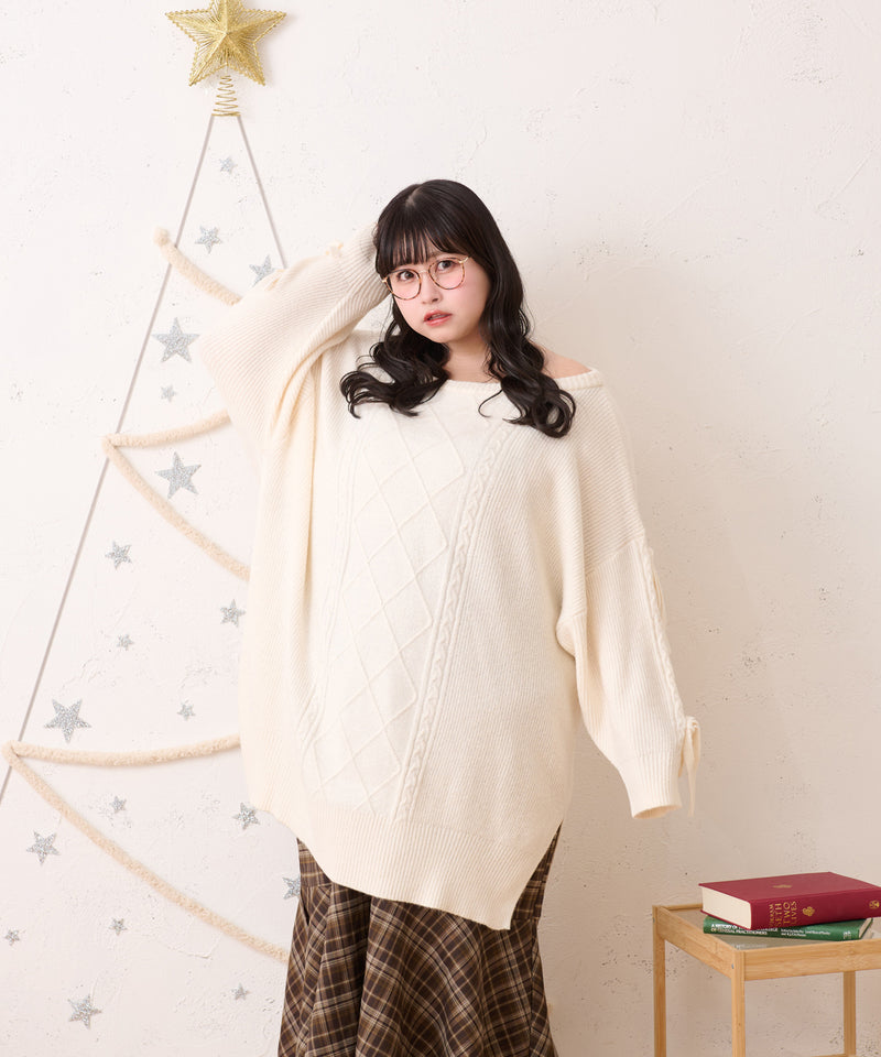 RIBBON CABLE KNIT TUNIC ONEPIECE / リボン付きケーブルニットチュニックワンピ