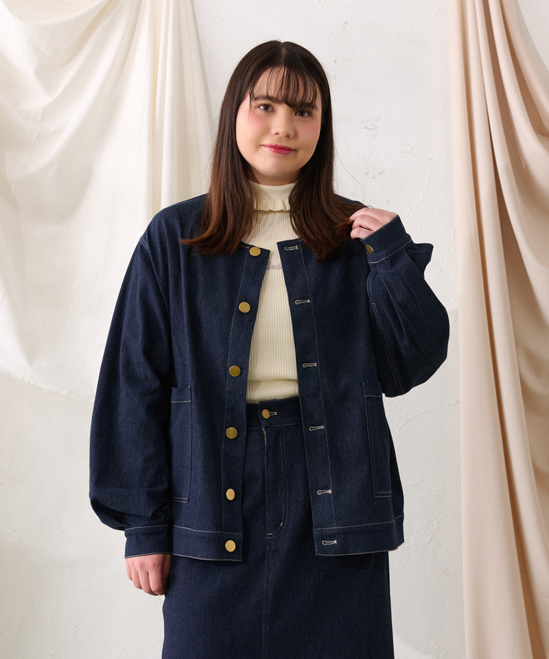 【予約商品】【大きいサイズ】FALSE COLLAR DENIM JACKET / つけ襟+ノーカラーデニムジャケット