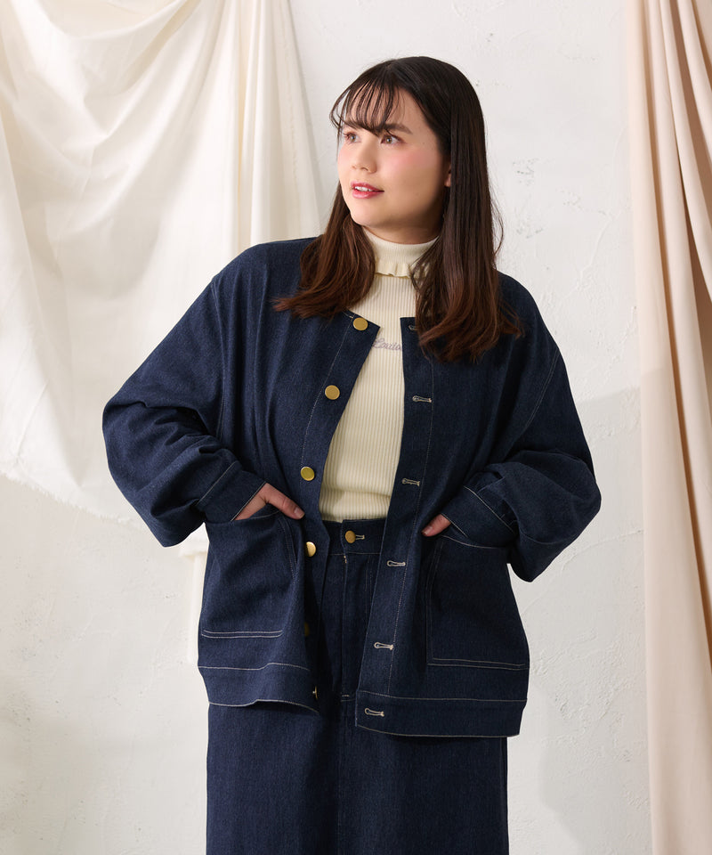 【予約商品】【大きいサイズ】FALSE COLLAR DENIM JACKET / つけ襟+ノーカラーデニムジャケット