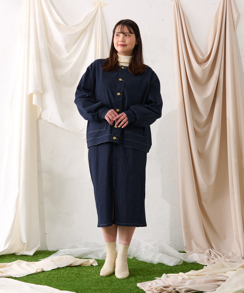 【予約商品】【大きいサイズ】FALSE COLLAR DENIM JACKET / つけ襟+ノーカラーデニムジャケット