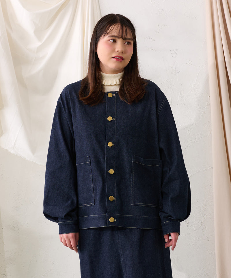 【予約商品】【大きいサイズ】FALSE COLLAR DENIM JACKET / つけ襟+ノーカラーデニムジャケット