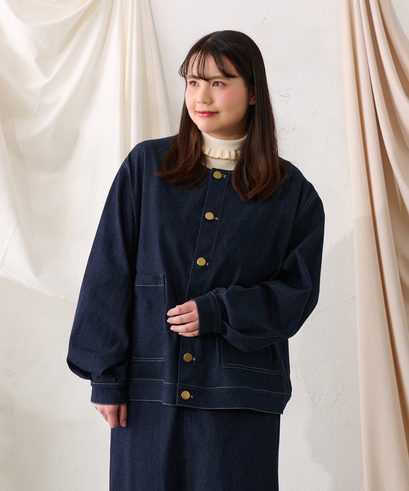 【予約商品】【大きいサイズ】FALSE COLLAR DENIM JACKET / つけ襟+ノーカラーデニムジャケット