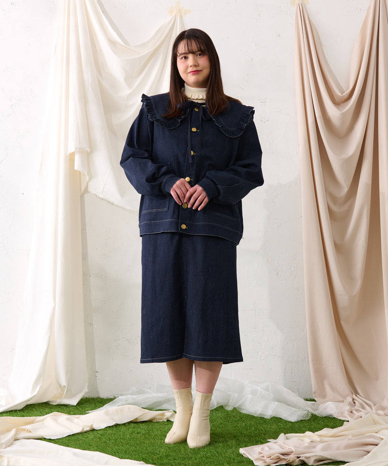 【予約商品】【大きいサイズ】FALSE COLLAR DENIM JACKET / つけ襟+ノーカラーデニムジャケット