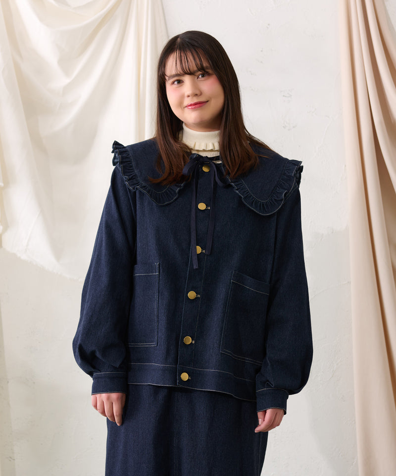 【予約商品】【大きいサイズ】FALSE COLLAR DENIM JACKET / つけ襟+ノーカラーデニムジャケット