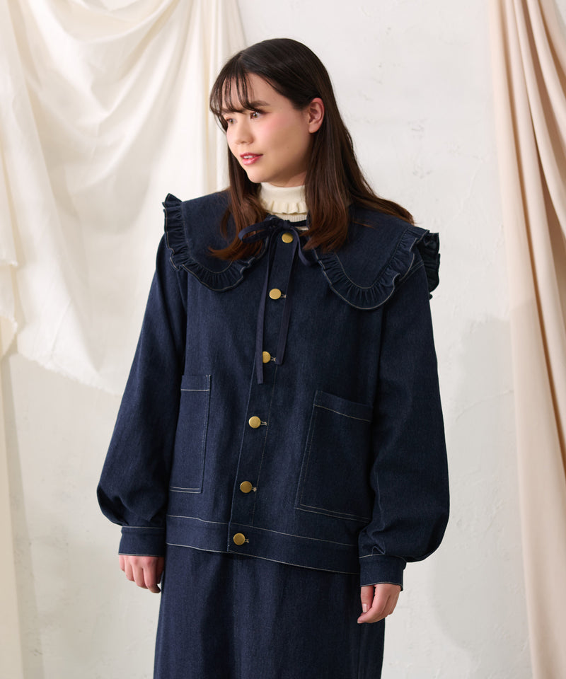 【予約商品】【大きいサイズ】FALSE COLLAR DENIM JACKET / つけ襟+ノーカラーデニムジャケット