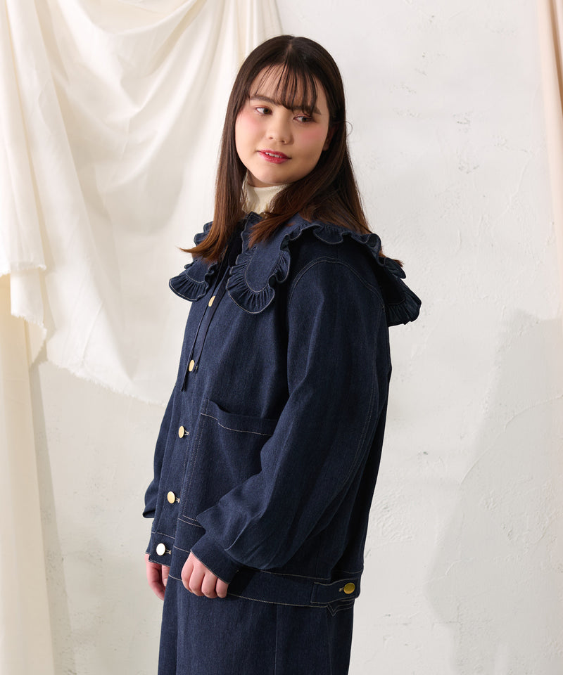 【予約商品】【大きいサイズ】FALSE COLLAR DENIM JACKET / つけ襟+ノーカラーデニムジャケット