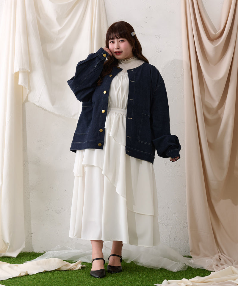 【予約商品】【大きいサイズ】FALSE COLLAR DENIM JACKET / つけ襟+ノーカラーデニムジャケット