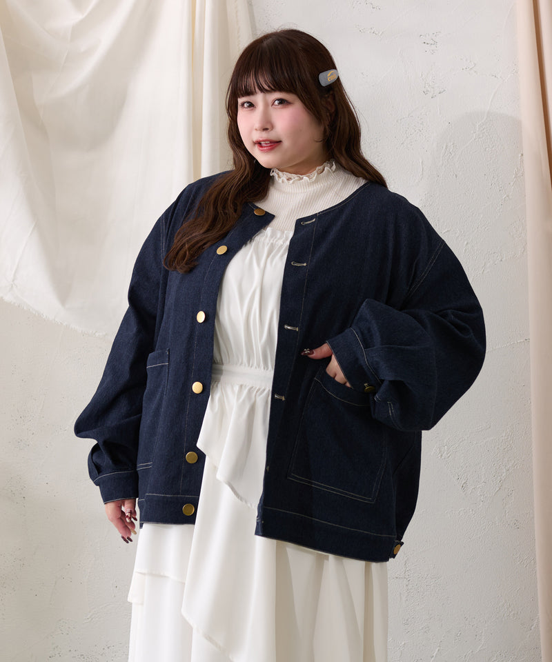 【予約商品】【大きいサイズ】FALSE COLLAR DENIM JACKET / つけ襟+ノーカラーデニムジャケット