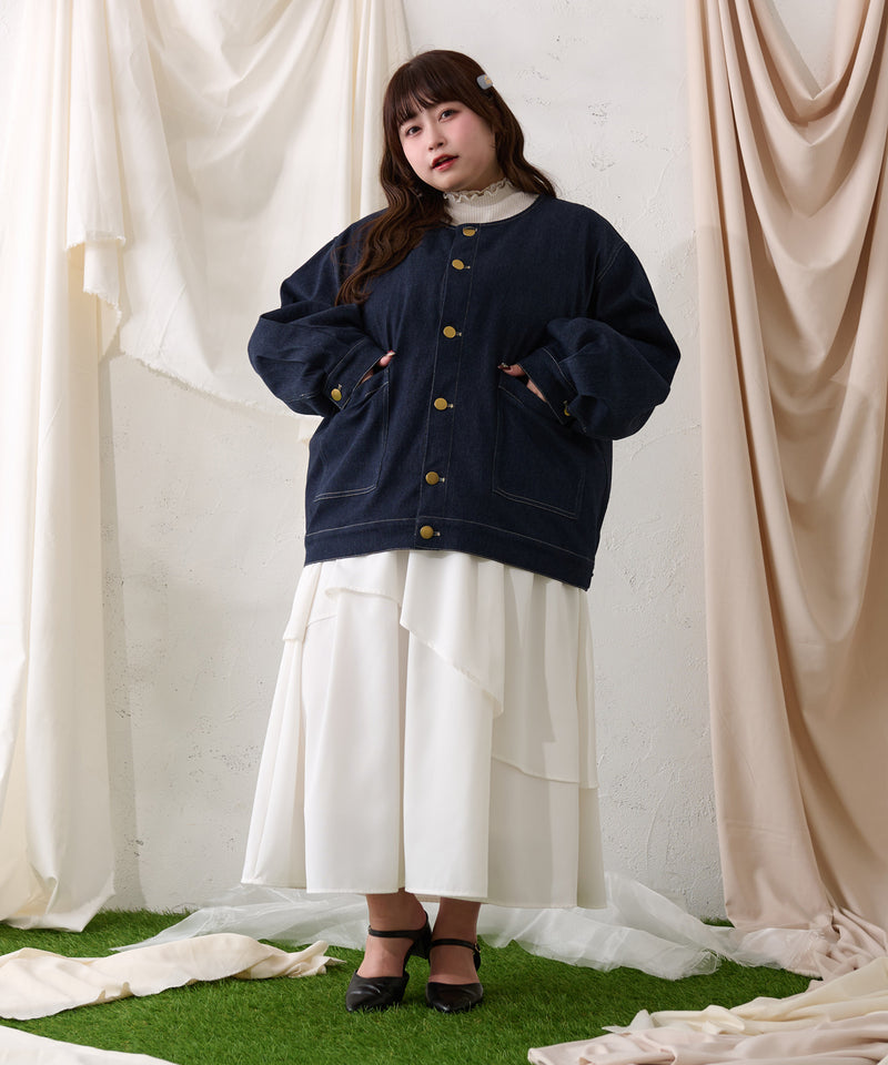 【予約商品】【大きいサイズ】FALSE COLLAR DENIM JACKET / つけ襟+ノーカラーデニムジャケット