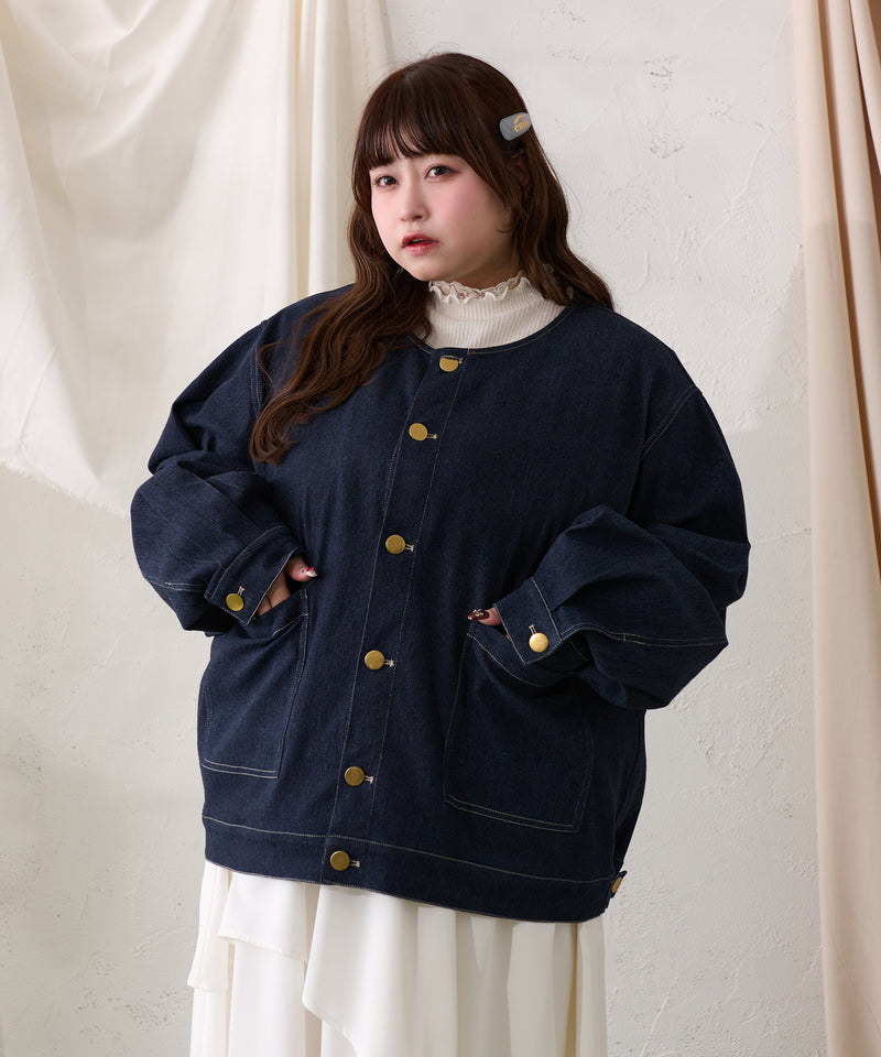 【予約商品】【大きいサイズ】FALSE COLLAR DENIM JACKET / つけ襟+ノーカラーデニムジャケット