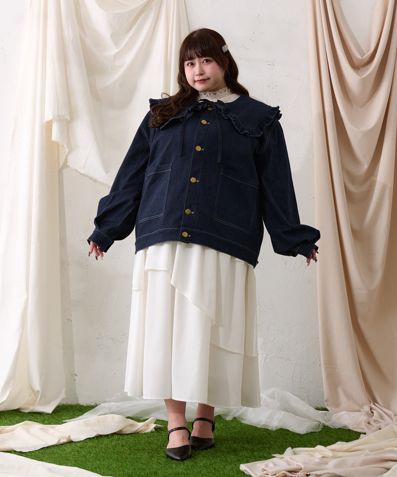 【予約商品】【大きいサイズ】FALSE COLLAR DENIM JACKET / つけ襟+ノーカラーデニムジャケット