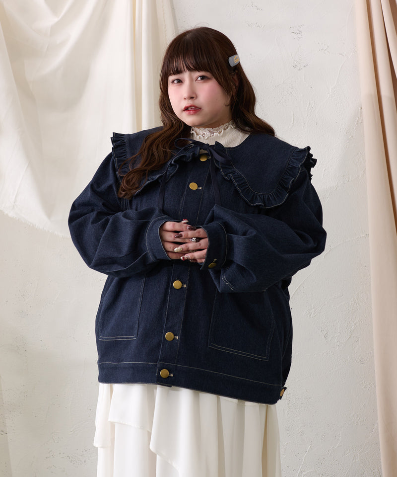 【予約商品】【大きいサイズ】FALSE COLLAR DENIM JACKET / つけ襟+ノーカラーデニムジャケット