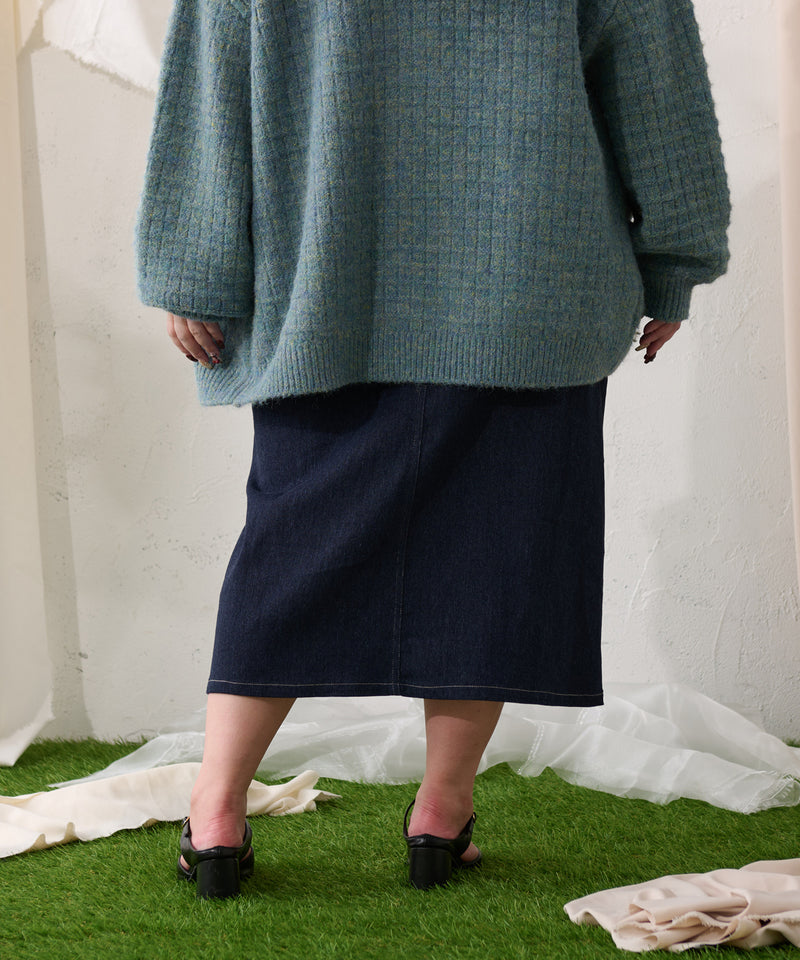 【予約商品】【大きいサイズ】PATCH DENIM NARROW SKIRT / オリジナルパッチデニムナロースカート