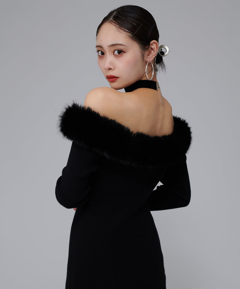 【by manato】Off Shoulder Fur Dress / オフショルダー ファーニットドレス