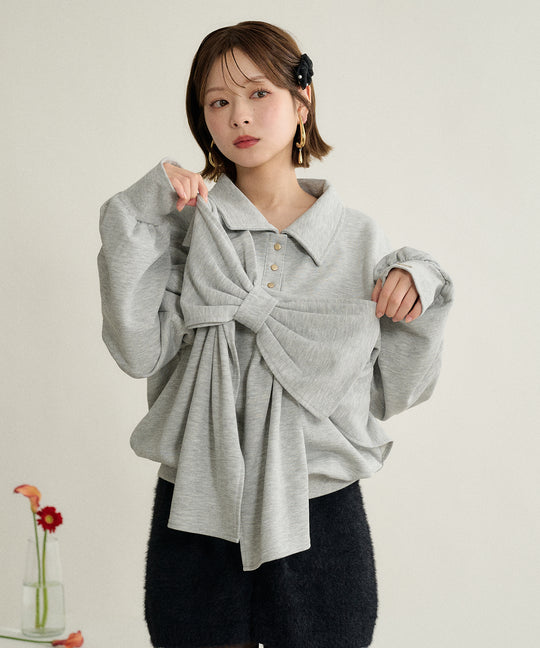 ribbon design glitter polo sweat / リボンデザイングリッターポロスウェット