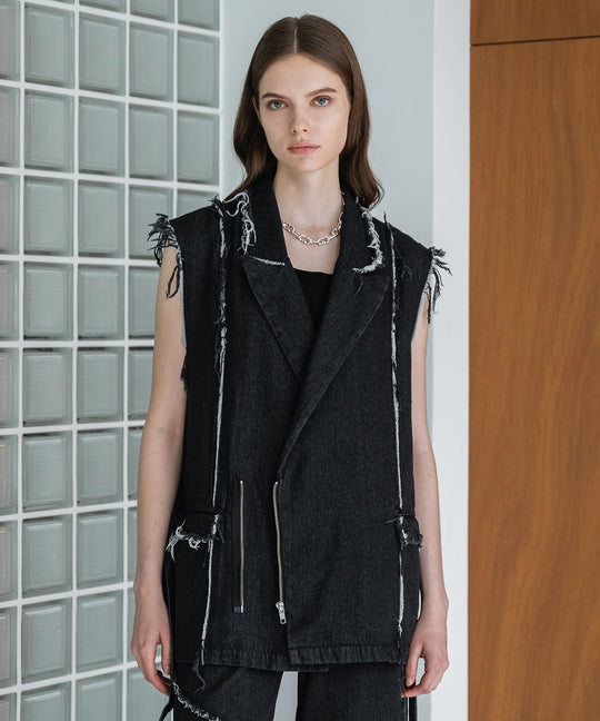 【selleglant｜セレグランテ】FRINGE DENIM DOUBLE GILET VEST/フリンジデニムダブルジレベスト