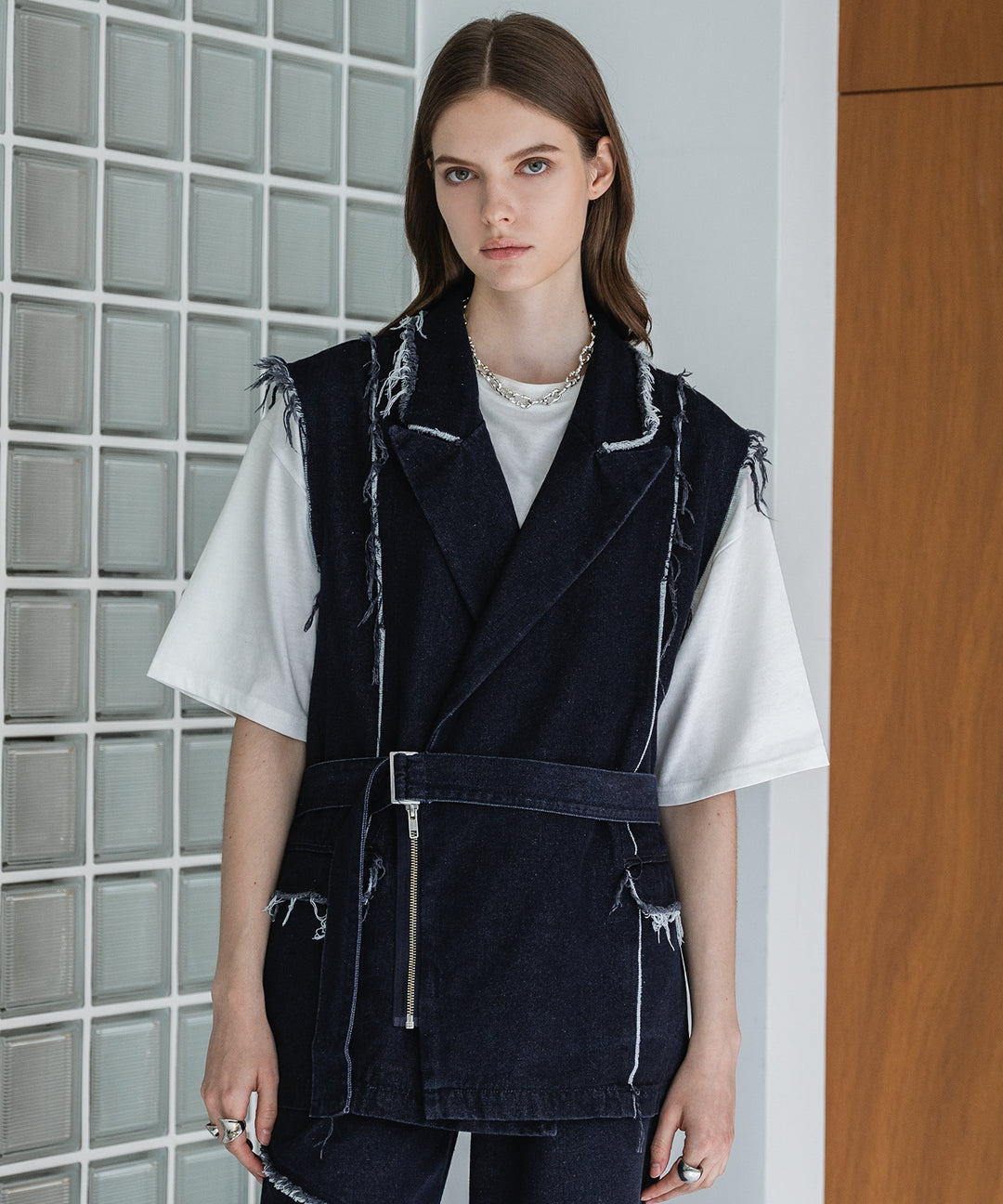 selleglant｜セレグランテ】FRINGE DENIM DOUBLE GILET VEST/フリンジ 