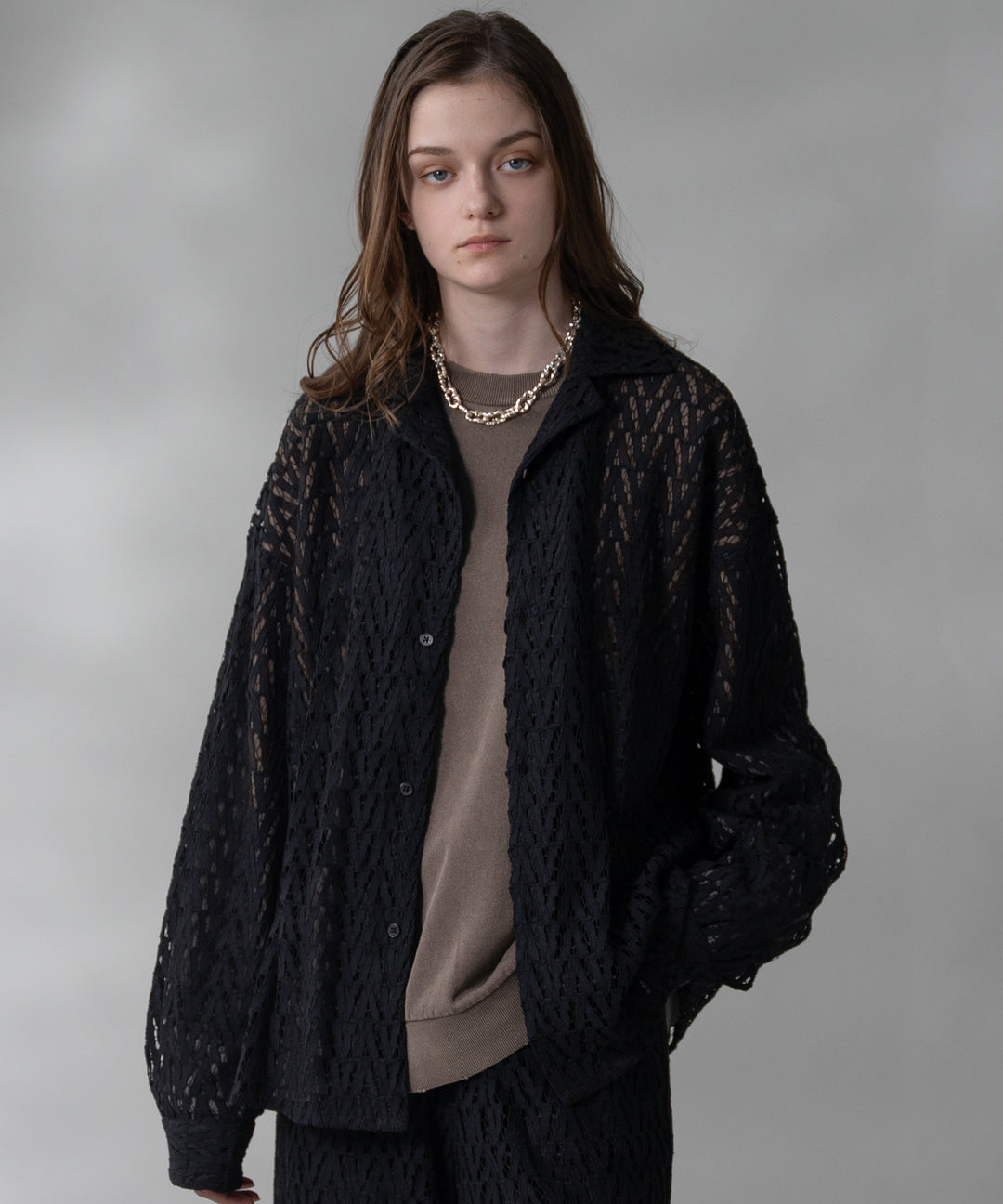 selleglant｜セレグランテ】CORD LACE OPEN COLLAR SHEER SHIRT