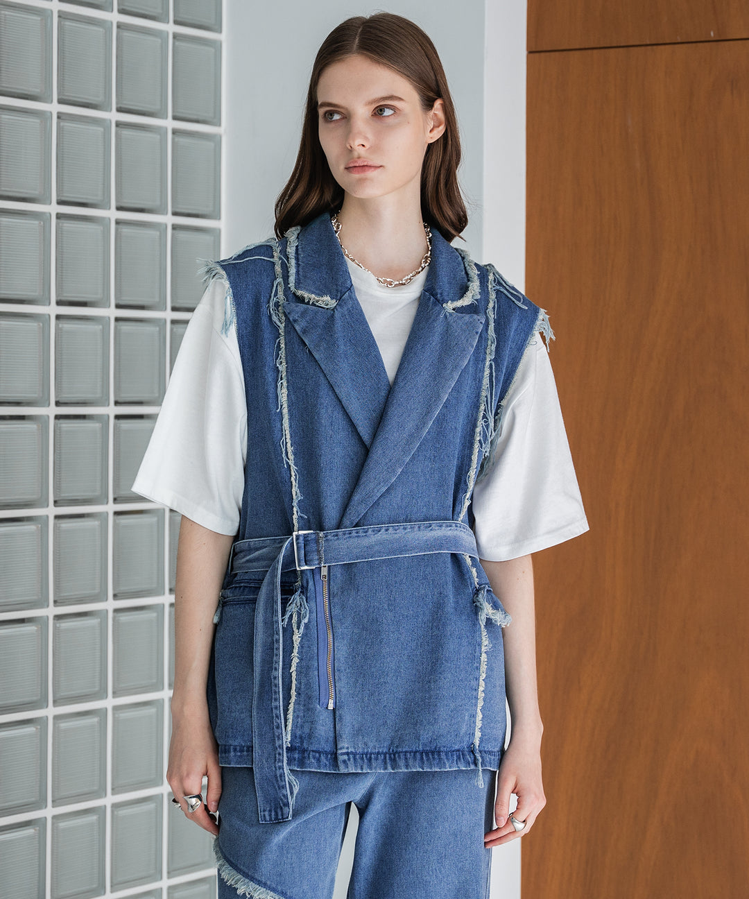 selleglant｜セレグランテ】FRINGE DENIM DOUBLE GILET VEST/フリンジ 