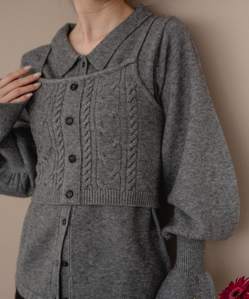 cable knit loose shirt ensemble / ケーブルニットルーズシャツアンサンブル