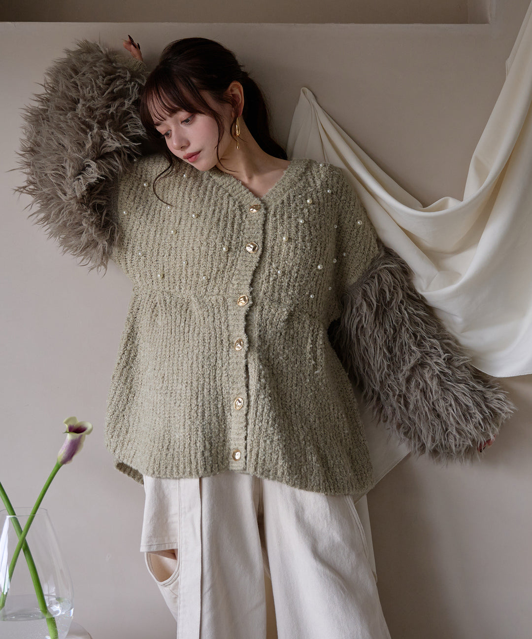 shaggy sleeve peplum knit / シャギースリーブペプラムニット – favclo.