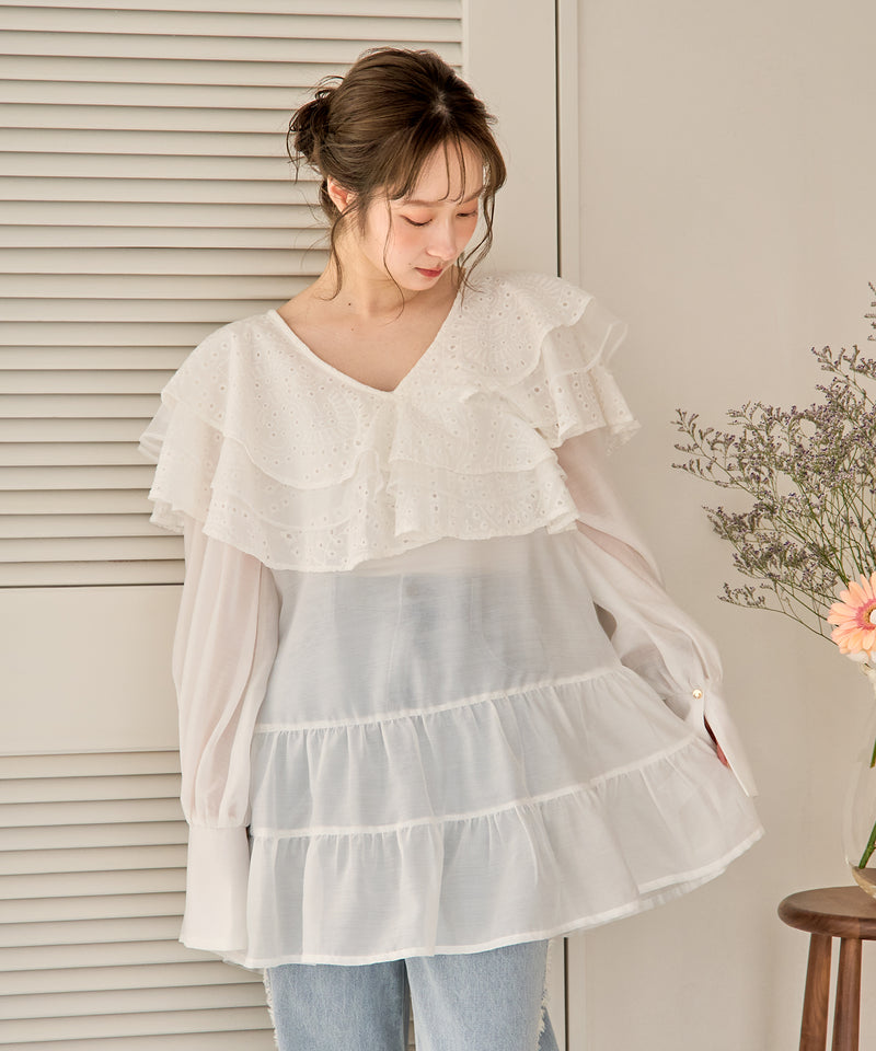 ruffle lace sheer tunic one piece / フリルレースシアーチュニックワンピース