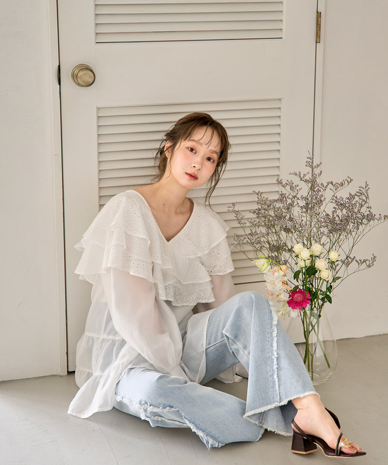 ruffle lace sheer tunic one piece / フリルレースシアーチュニックワンピース