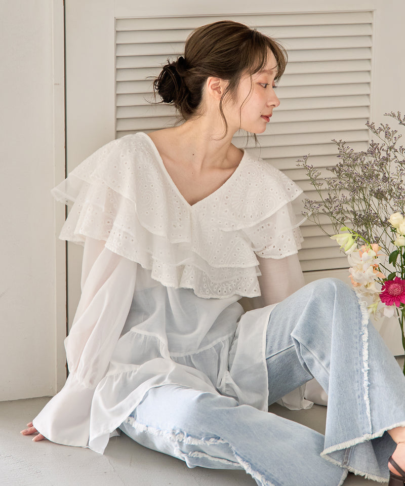 ruffle lace sheer tunic one piece / フリルレースシアーチュニックワンピース
