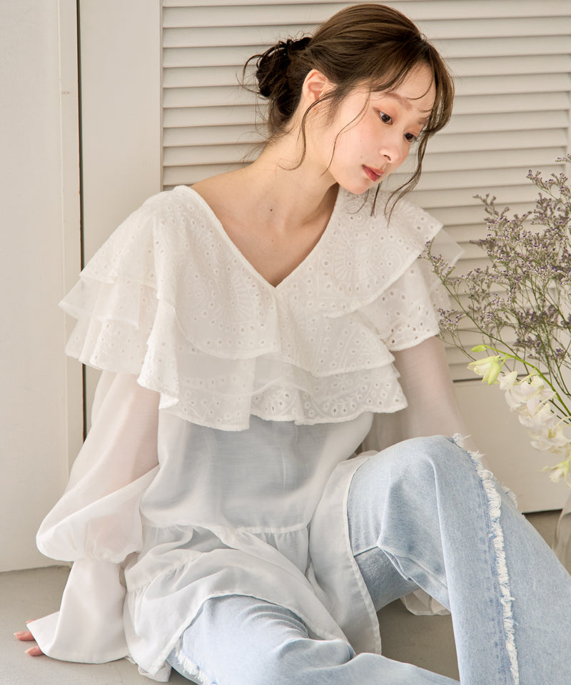 ruffle lace sheer tunic one piece / フリルレースシアーチュニックワンピース