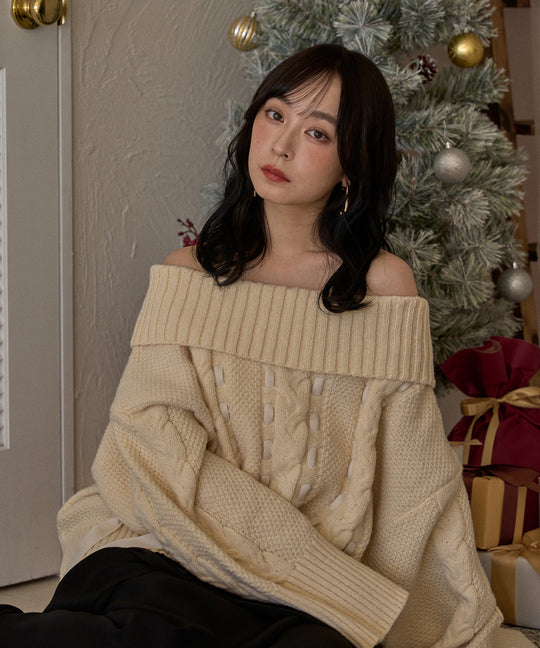 ribbon stitch off shoulder knit / リボンステッチオフショルダーニット