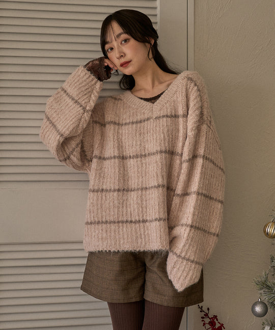 Vneck border knit / Vネックボーダーニット