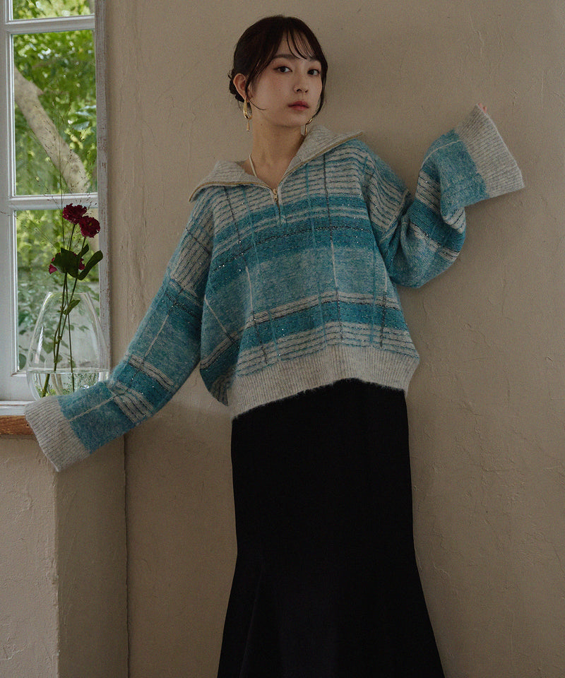 half zip check knit / ハーフジップチェックニット