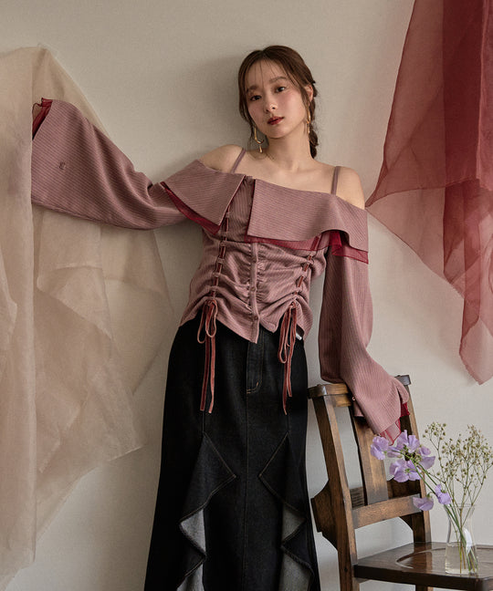 frill offshoulder stitch ribbon tops / フリルオフショルダーステッチリボントップス