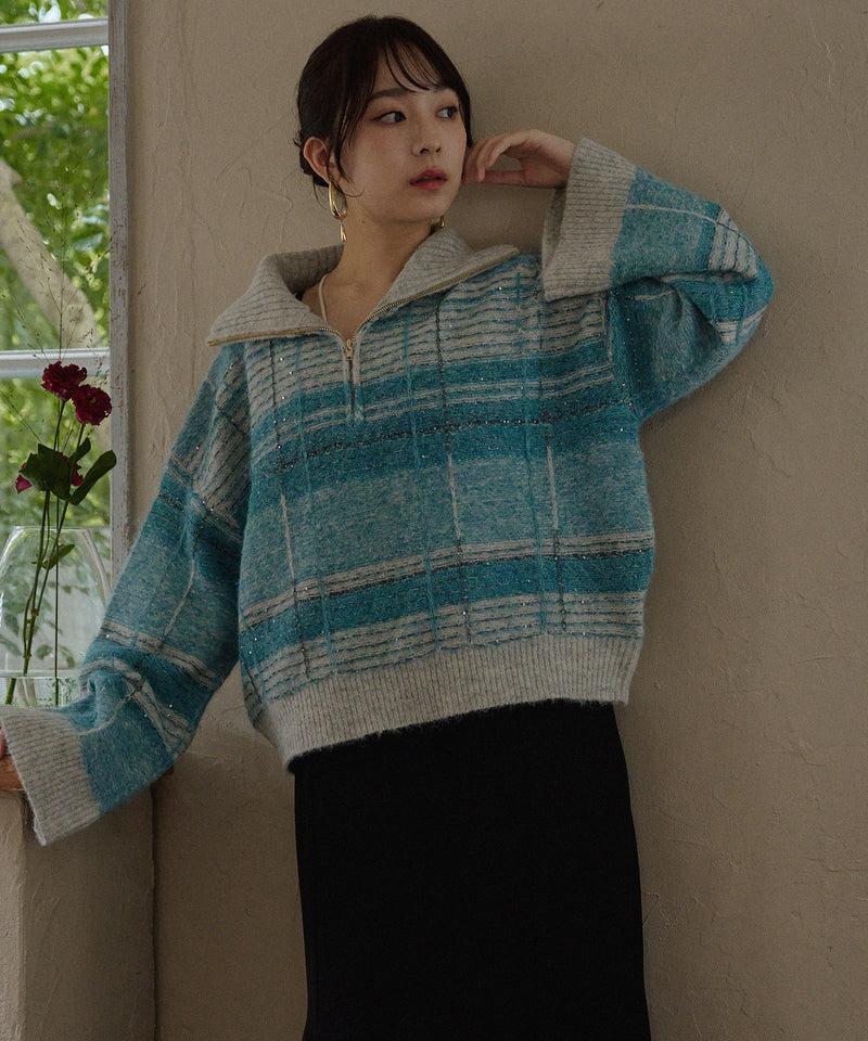 half zip check knit / ハーフジップチェックニット
