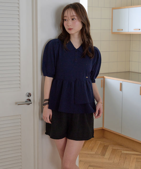sequin peplum polo knit / スパンコールペプラムポロニット