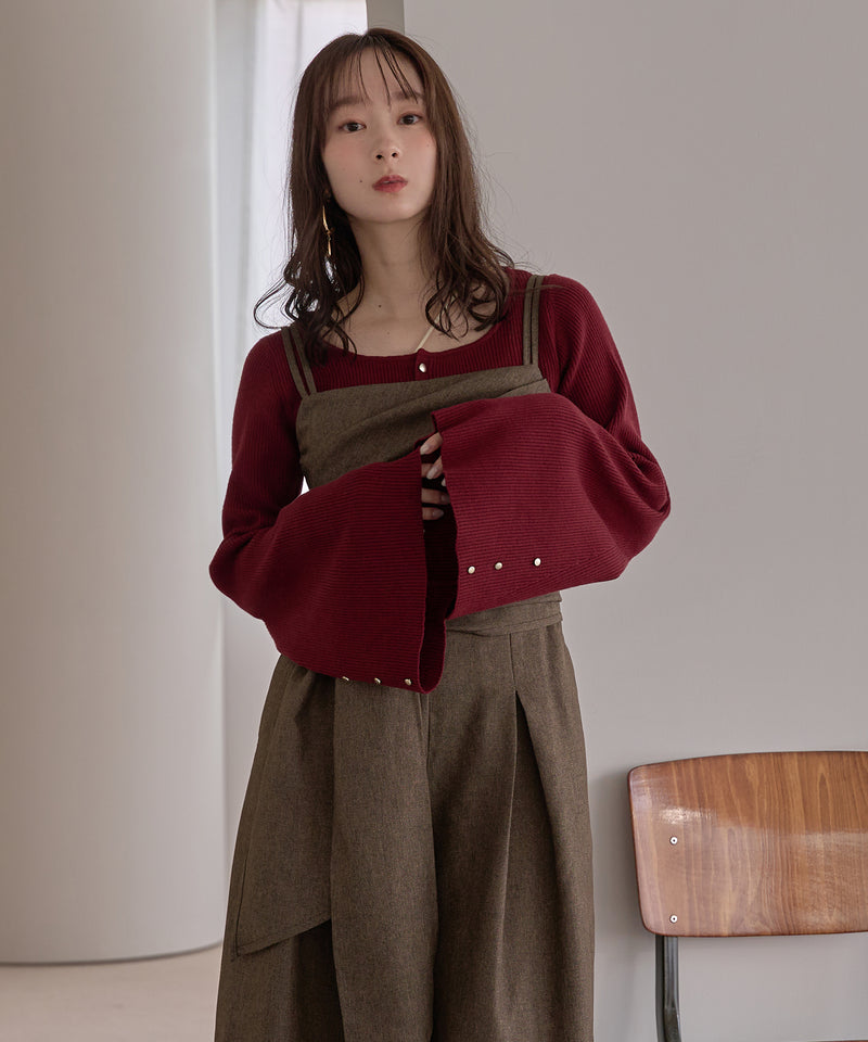 button design flare sleeve rib knit / ボタンデザインフレアスリーブリブニット